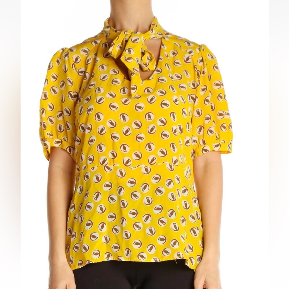 Girls From Savoy Anthropologie Lemon Lift Off Owl Print Silk Blouse